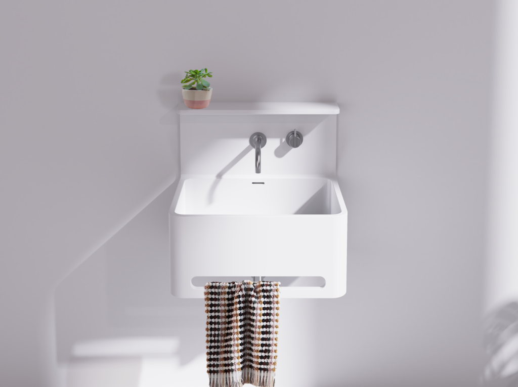 Vision Basin c/w towel rail, splashback and shelf Omvivo